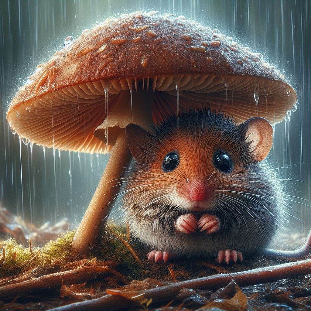 Mice under Mushrooms in the Rain