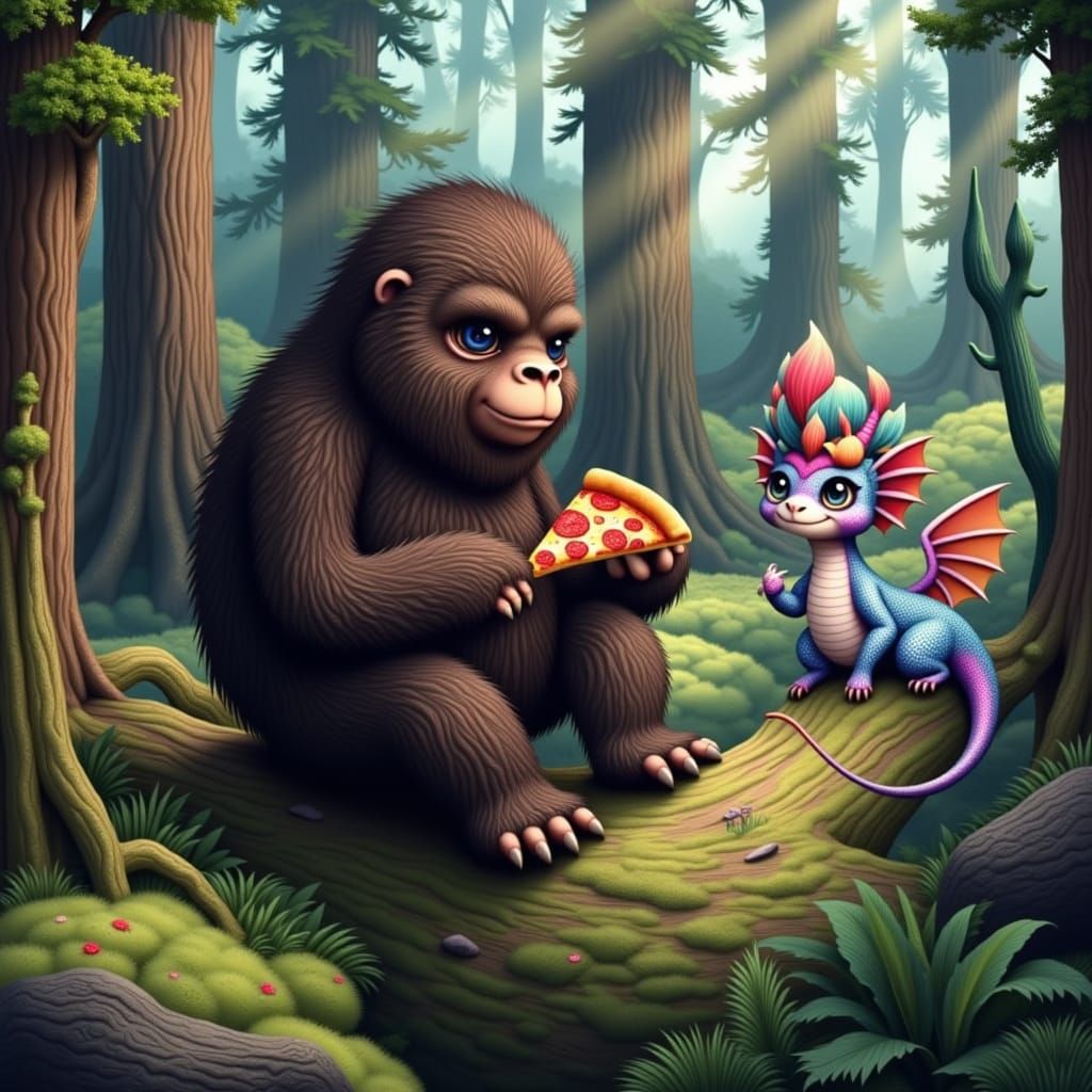 <lora:art:1.0> A digital illustration of a Sasquatch sitting on a mossy log in a dense forest, holding a steaming slice of pepperoni pizza. ...