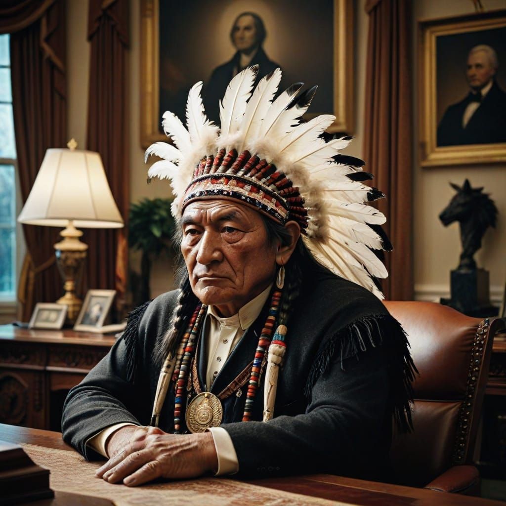 Indian chief Sitting Bull sitting in the oval office of the White House  by @Mapont