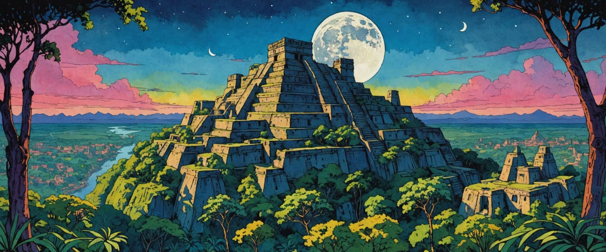 the moon over an abandoned mayan city in the jungle, in the style of William Stout, comic book style, watercolor, gouache, erin hanson, moeb...