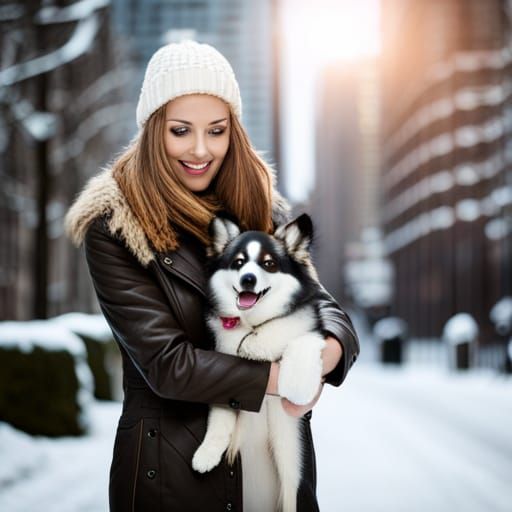 woman posing with husky dog in snow