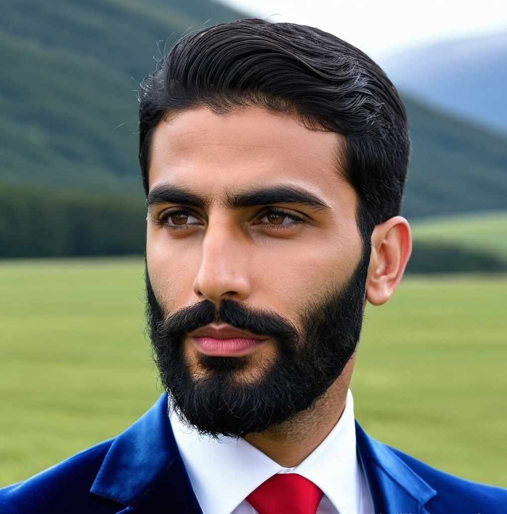 Gentleman with   black  beard   wearing  a   blue   velvet  ...