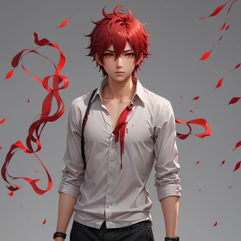 Un chico adolescente animado estilo anime con cabello rojo y ojos amarillos  sin camisa con un cuerpo definido - AI Generated Artwork - NightCafe Creator