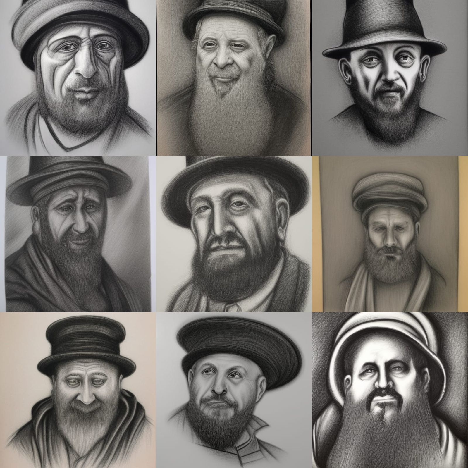 orthodox jew middle aged male in hat hyperdetailed charcoal drawing
