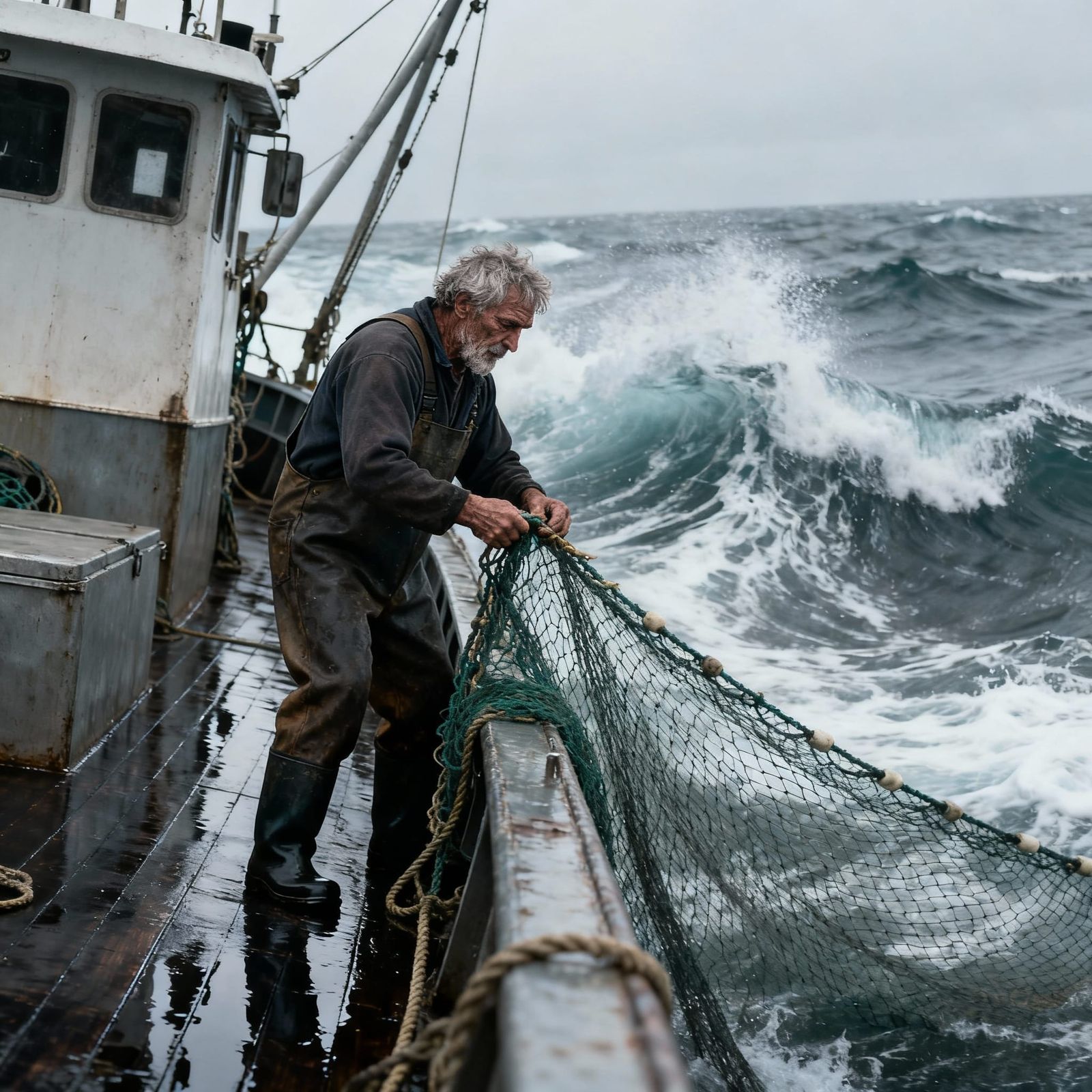a trawlerman on the deck hand on net, boat angled at a slope as it rides the seas waves  by @Diney
