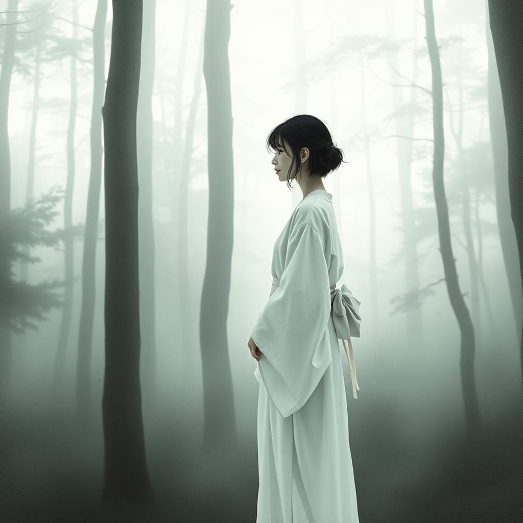 Dreamy Woman in Misty Forest, Watercolor Style