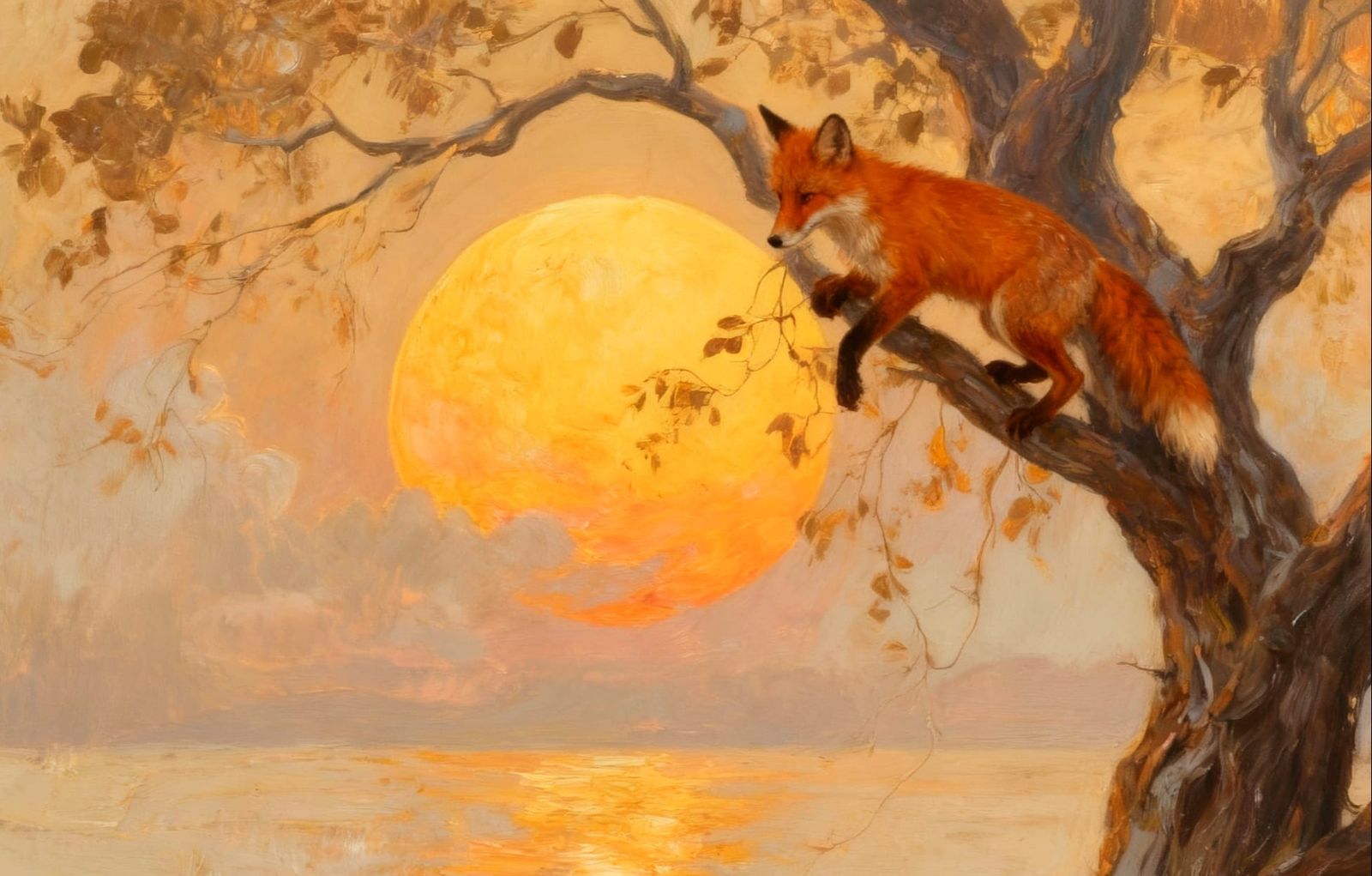 Melancholic Sunset Landscape with Moon and Ancient Tree