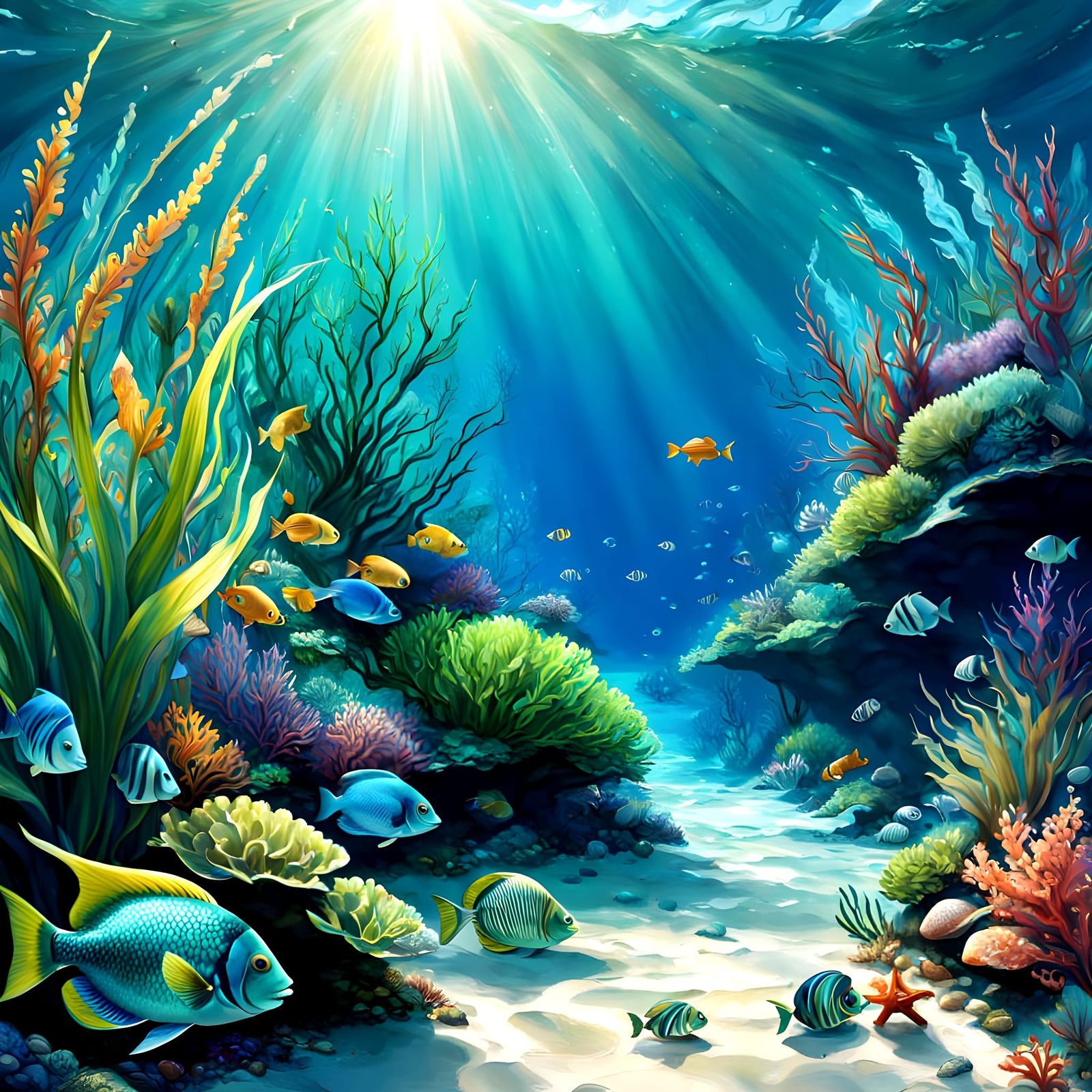 Colorful underwater scenic with lots of fish, shells,  and grasses in a blue-green color.  by @posyrosie