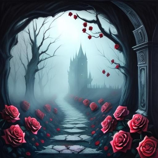 Forgotten Castle Hallway, (eerie:1.9), <lora:Fullcolor:0.5>, foggy, dark watercolor, 
 (roses:1.9), fantasy ...  by @Lyndsey