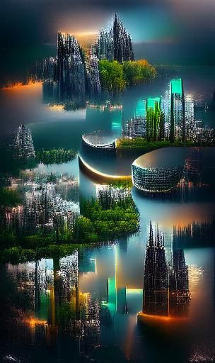 forest city with hyperdetailed builings in different styles ...