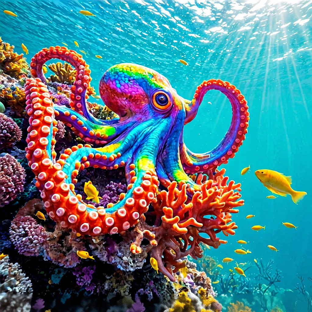 Octopus with all colors of the rainbow on its skin, climbing on a brightly colored cluster of coral. ...  by @Curiouscat