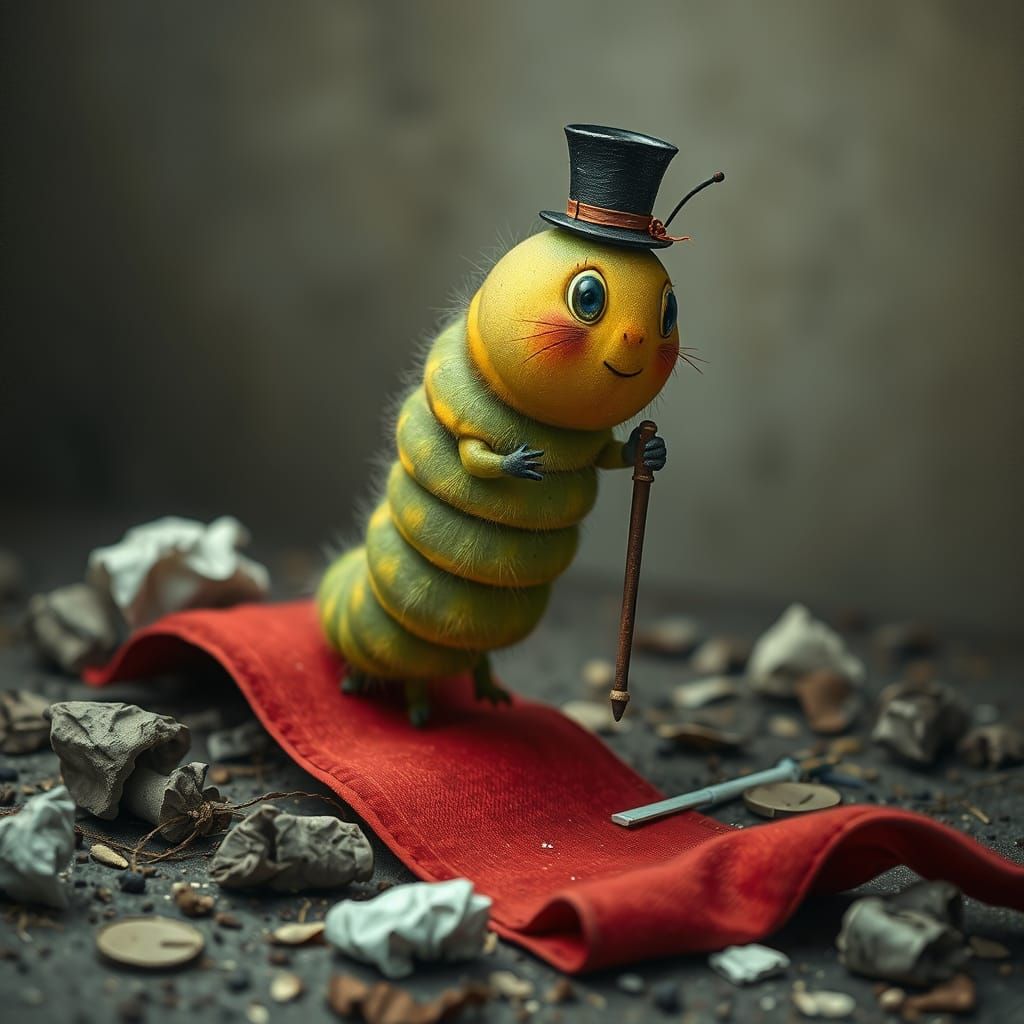 Caterpillar walking on a red ribbon  by @Kan Kante