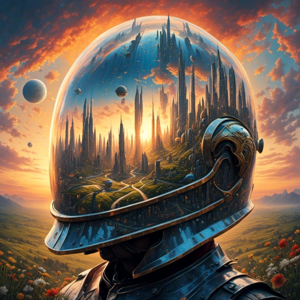<lora:Helmets:1.0> 1960s album cover with medieval knights helmet with city inside double exposure sunset fields and space skies 