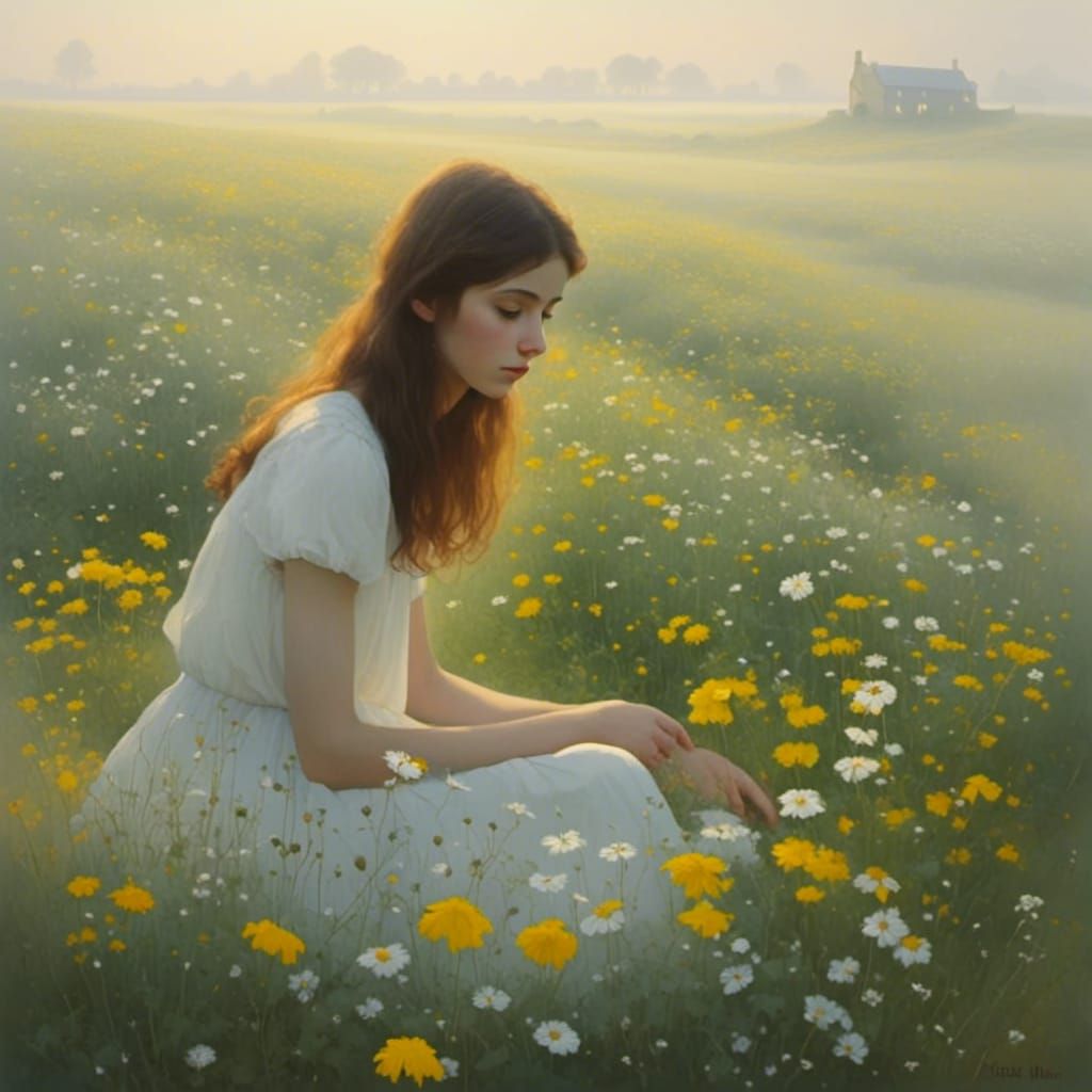  <lora:Mystic Surrealism:1.0> a grunchy teenage girl sitting in a flower field, misty moon