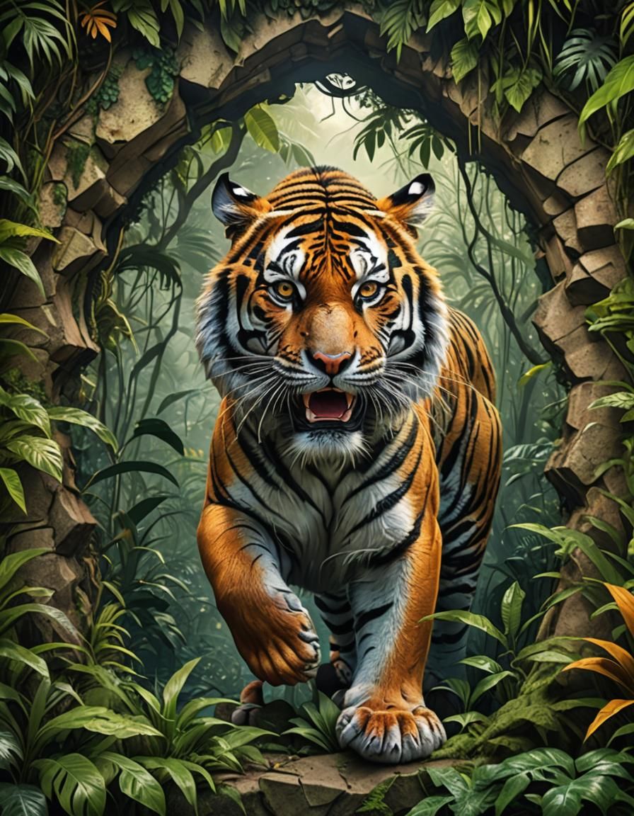 Welcome to the jungle The magnificent tiger is climbing through  the hole in the jungle wall paper to arrive in living room ...  by @Mysteri 