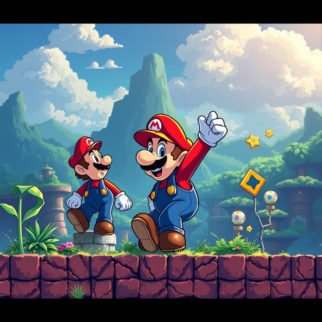 Pixel art illustration of super mario bros, detailed environ...