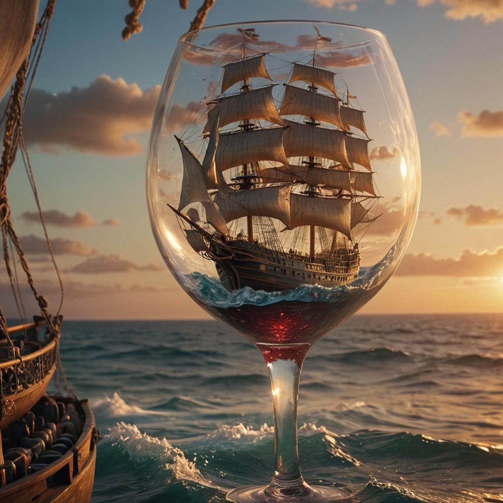 Sailing Ship Inside Wine Glass: Fantasy Concept Art