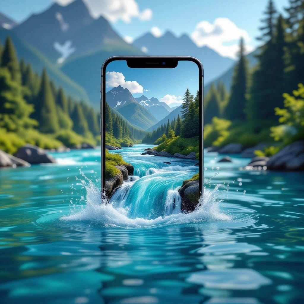 Smartphone With River Flowing From Screen