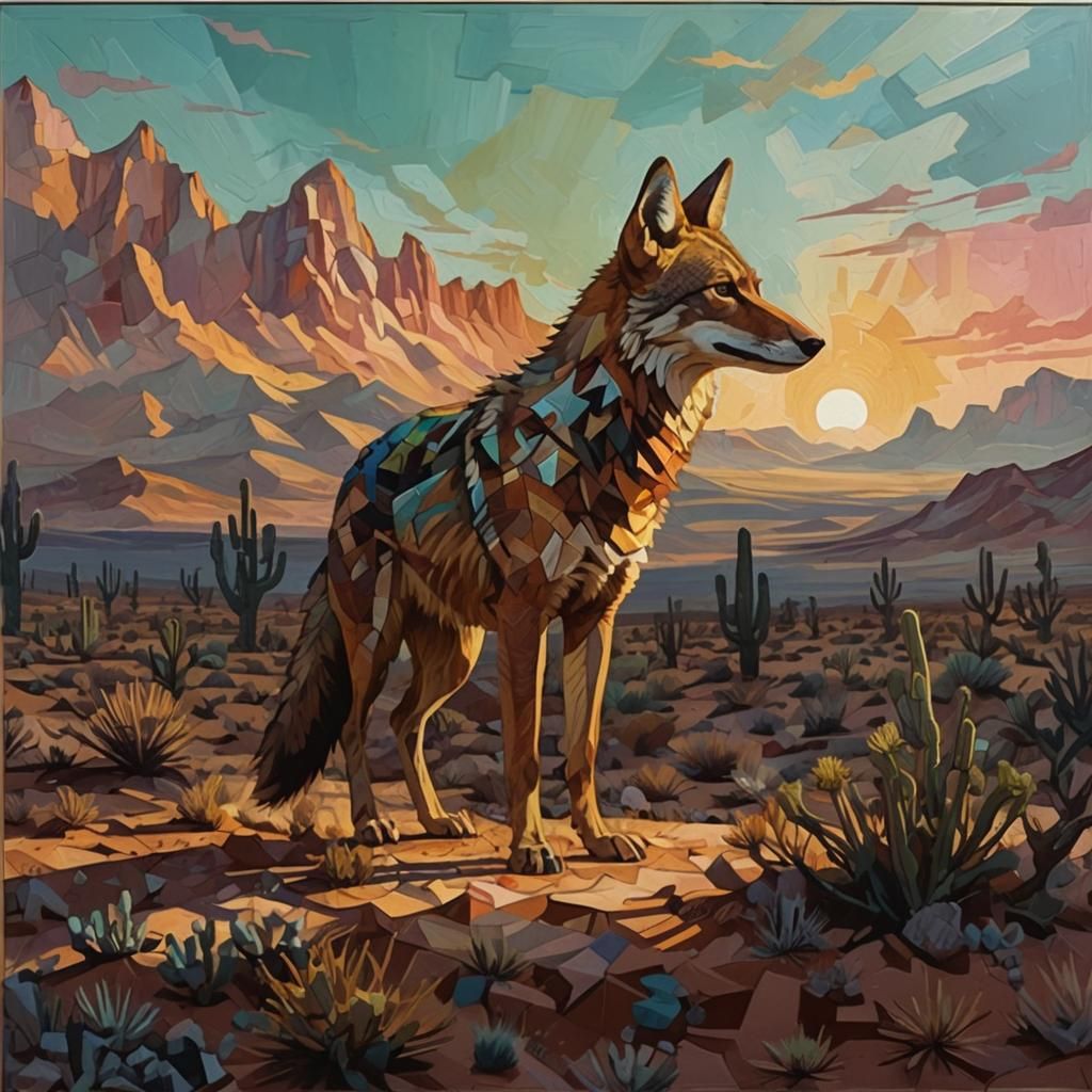 coyote in desert cubist painting, Neo-Cubism, layered overla...