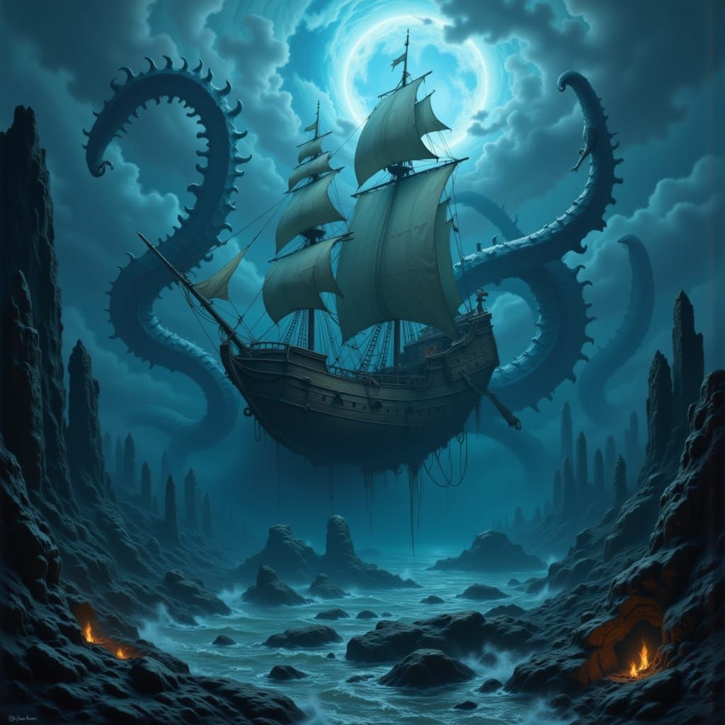 Sunken Galleon Revealed by Bioluminescent Tentacles in Ruine...