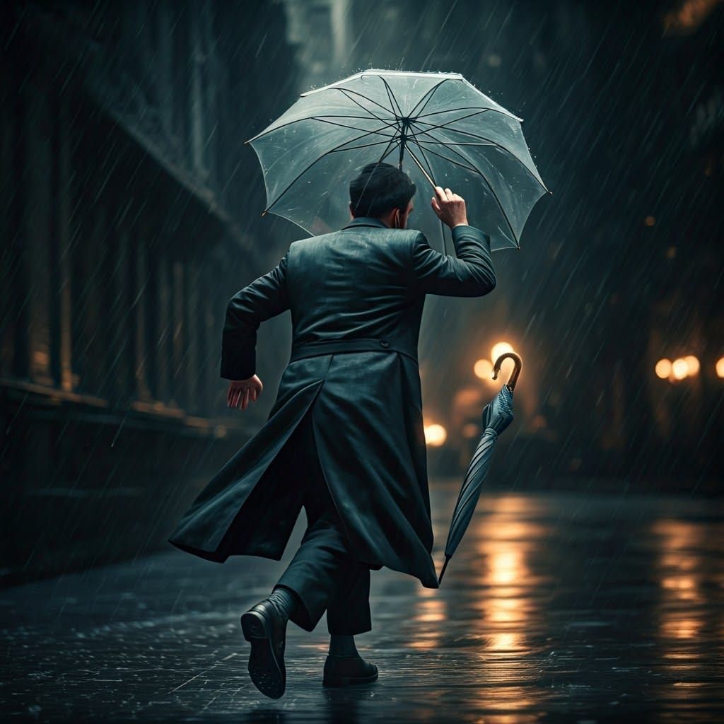 Hasidic Man Rushing Through Rain in Concept Art Style