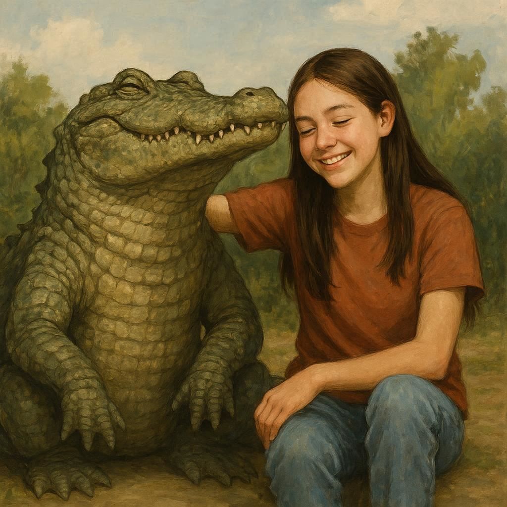 Friendship of a girl and a crocodile