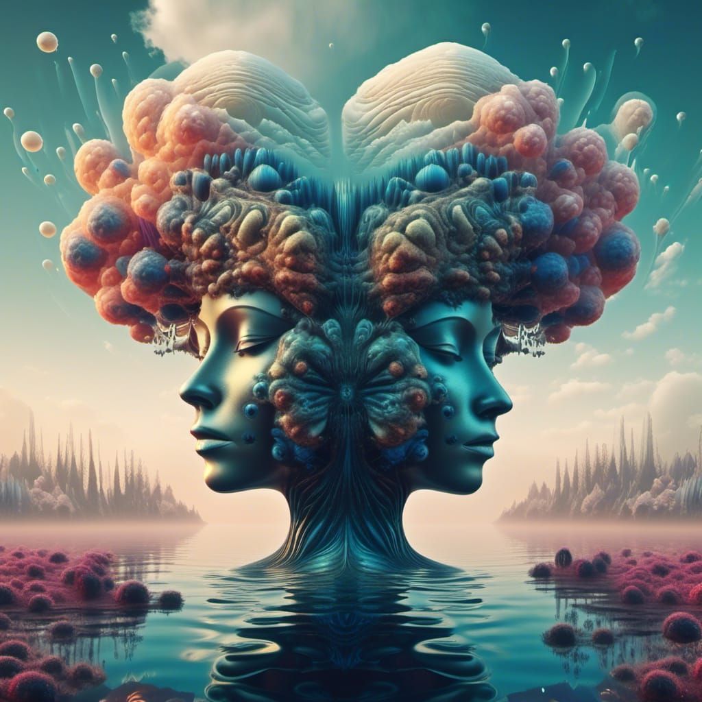 <lora:Halluciscape:1.0> double exposure, woman face + alien landscape