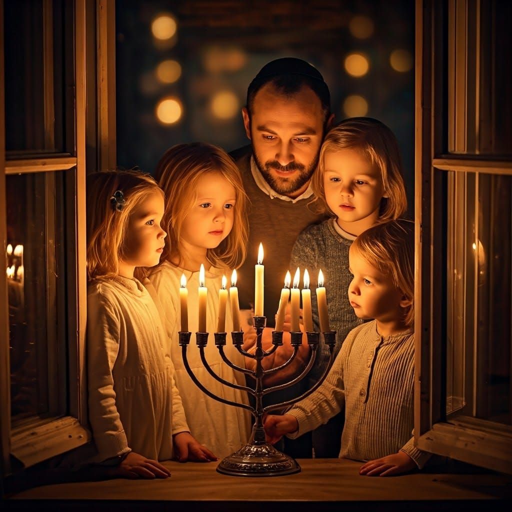 Nine Children Form a Menorah, Illuminated by Soft Natural Li...