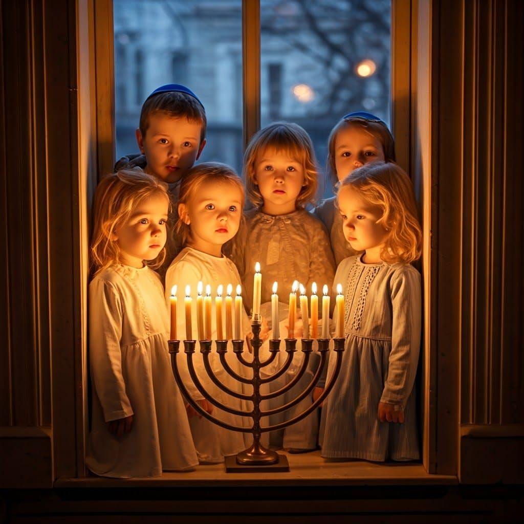 9 Blonde Children Form a Hanukkah Menorah in Traditional Att...