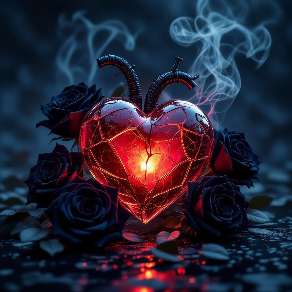 A bleeding heart made of glass, cracked and glowing from within, surrounded by black roses and soft smoke, gothic background, dark romantic ...