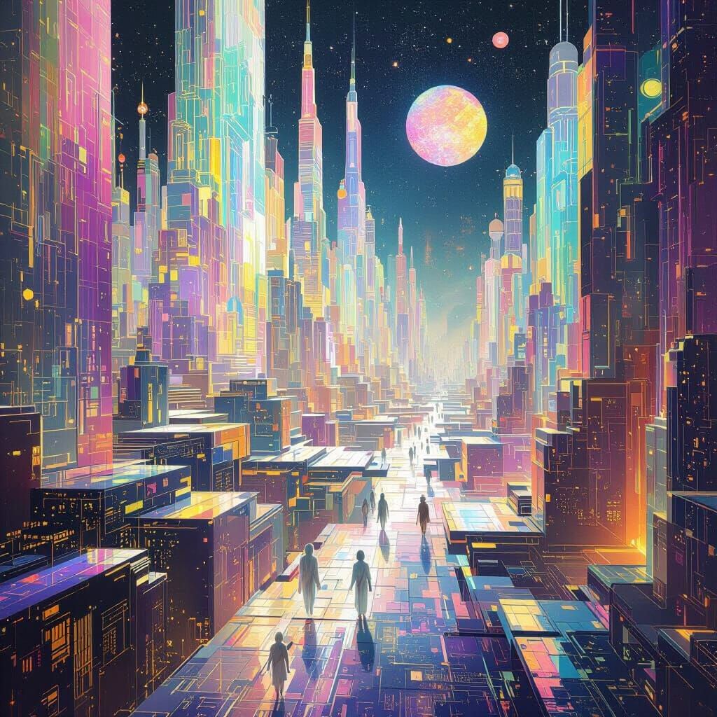 A city of pure light and energy, existing in a pocket dimension between realities. Structures are formed from shifting geometric patterns an...