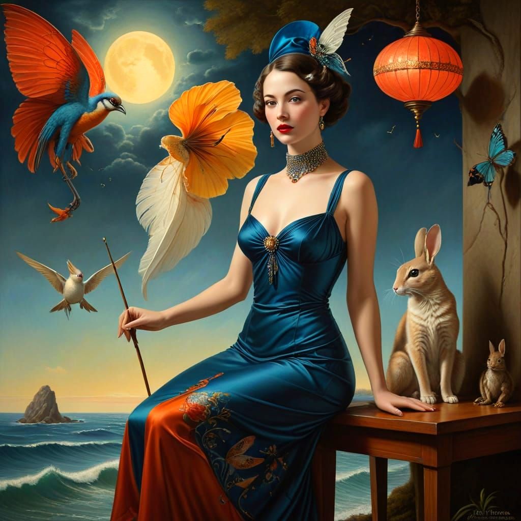 Flamboyant 1920s Lady with Surreal Creatures