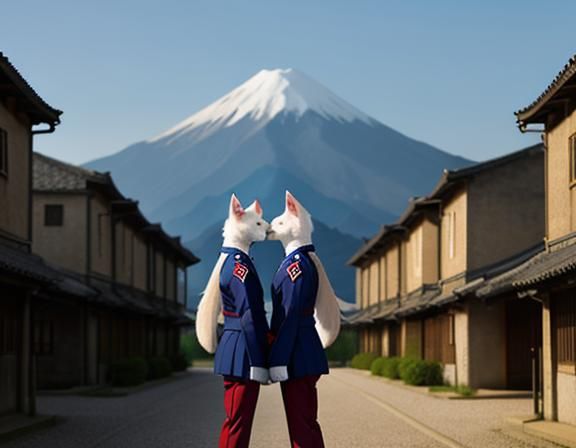 2 identical twin kitsune, wearing identical uniforms. Kissin...