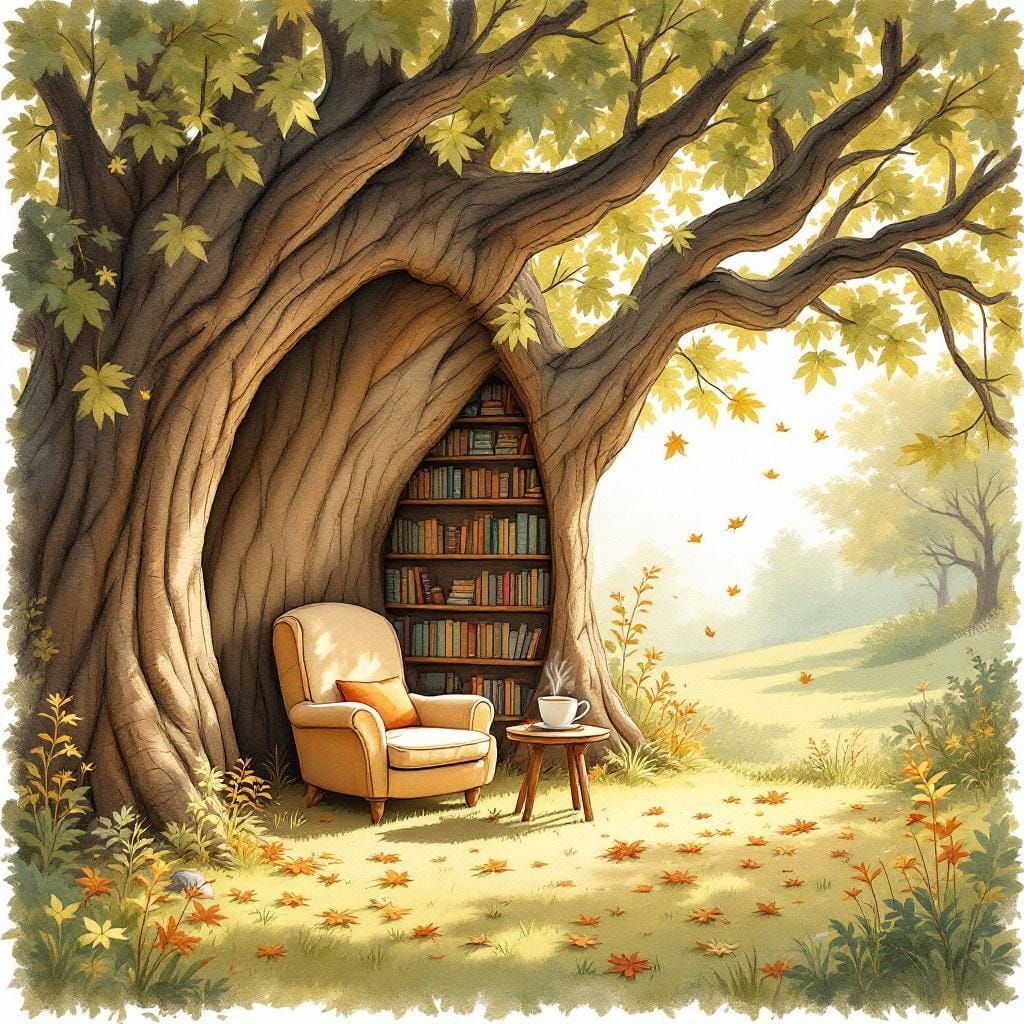 A charming, sun-dappled reading nook built into the hollow of a giant, ancient oak tree. Sunlight streams through the leaves, illuminating a...