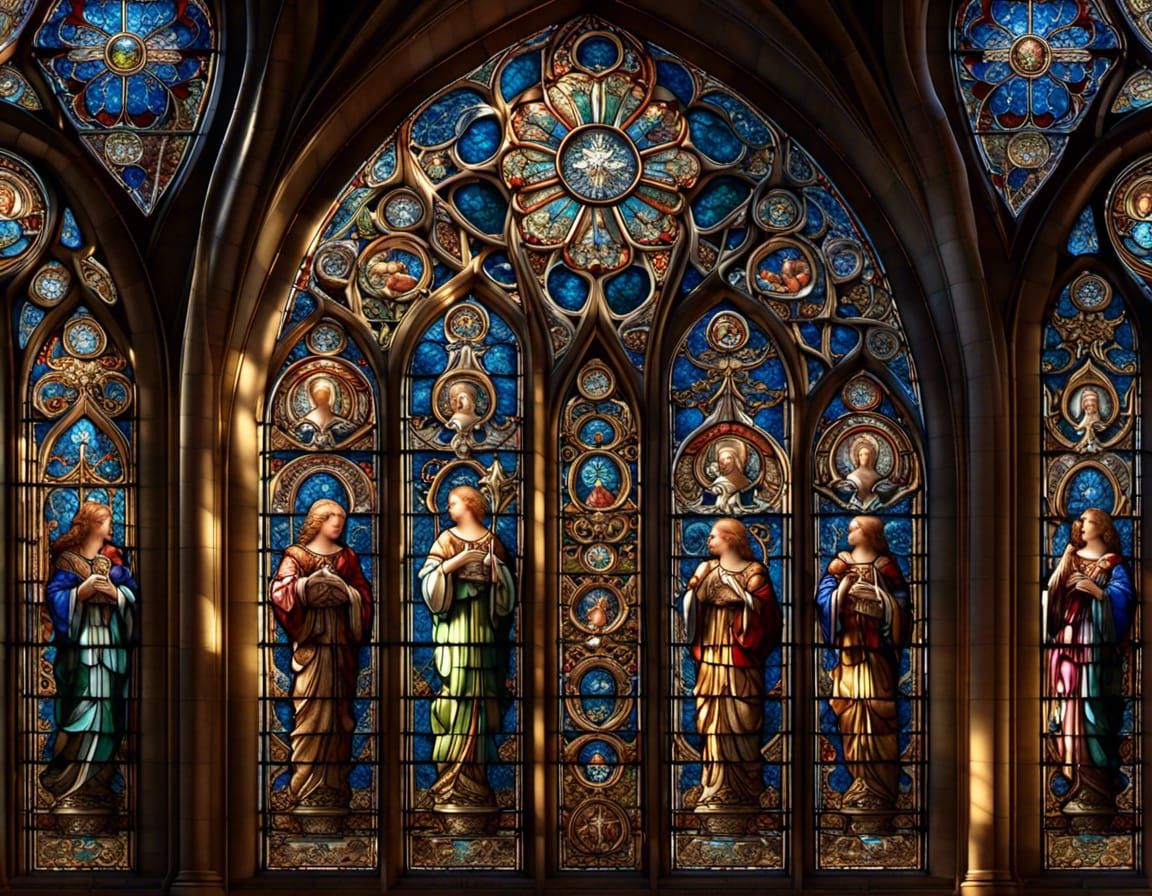 Breathtakingly Refined Stained Glass Cathedral Window :: exquisite flying male angels playing harps and trumpets :: A masterpiece ,fractal i...