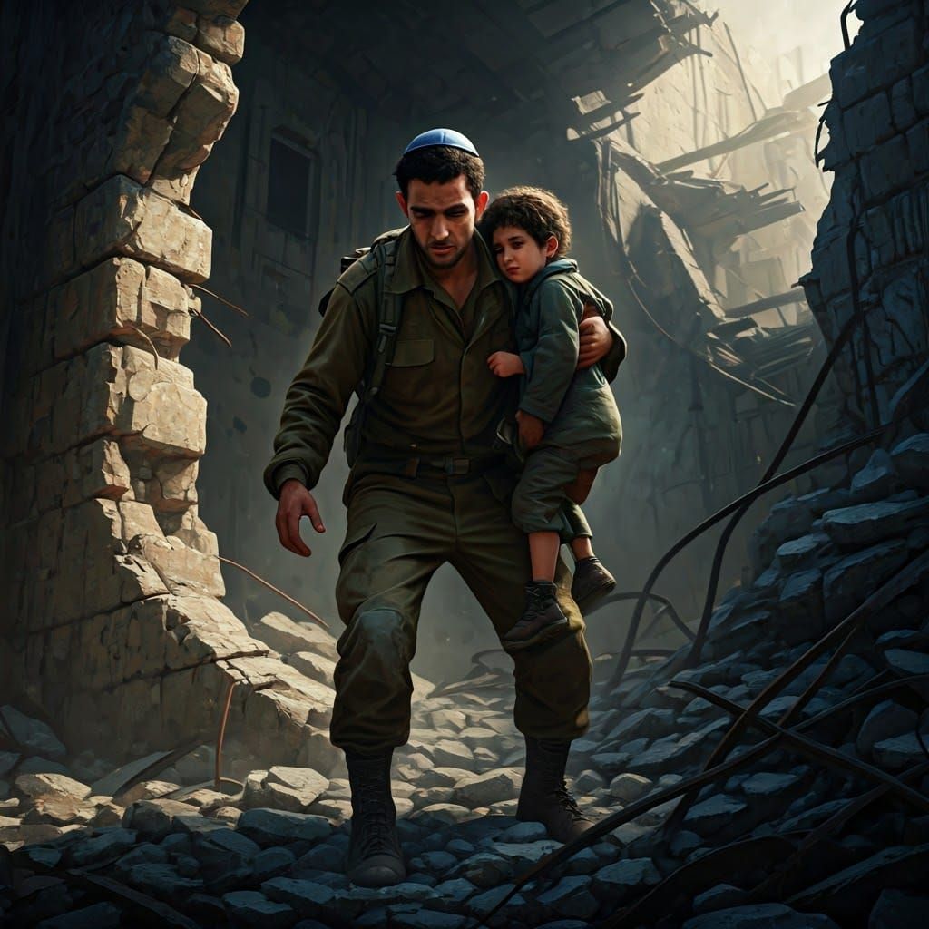 Soldier Rescues Child From City Rubble in Matte Painting Sty...