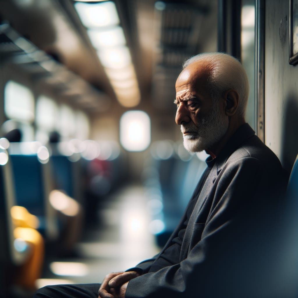 an old poor man sitting alone on a train compartment,  Professional photography, bokeh, natural lighting, canon lens, sh...