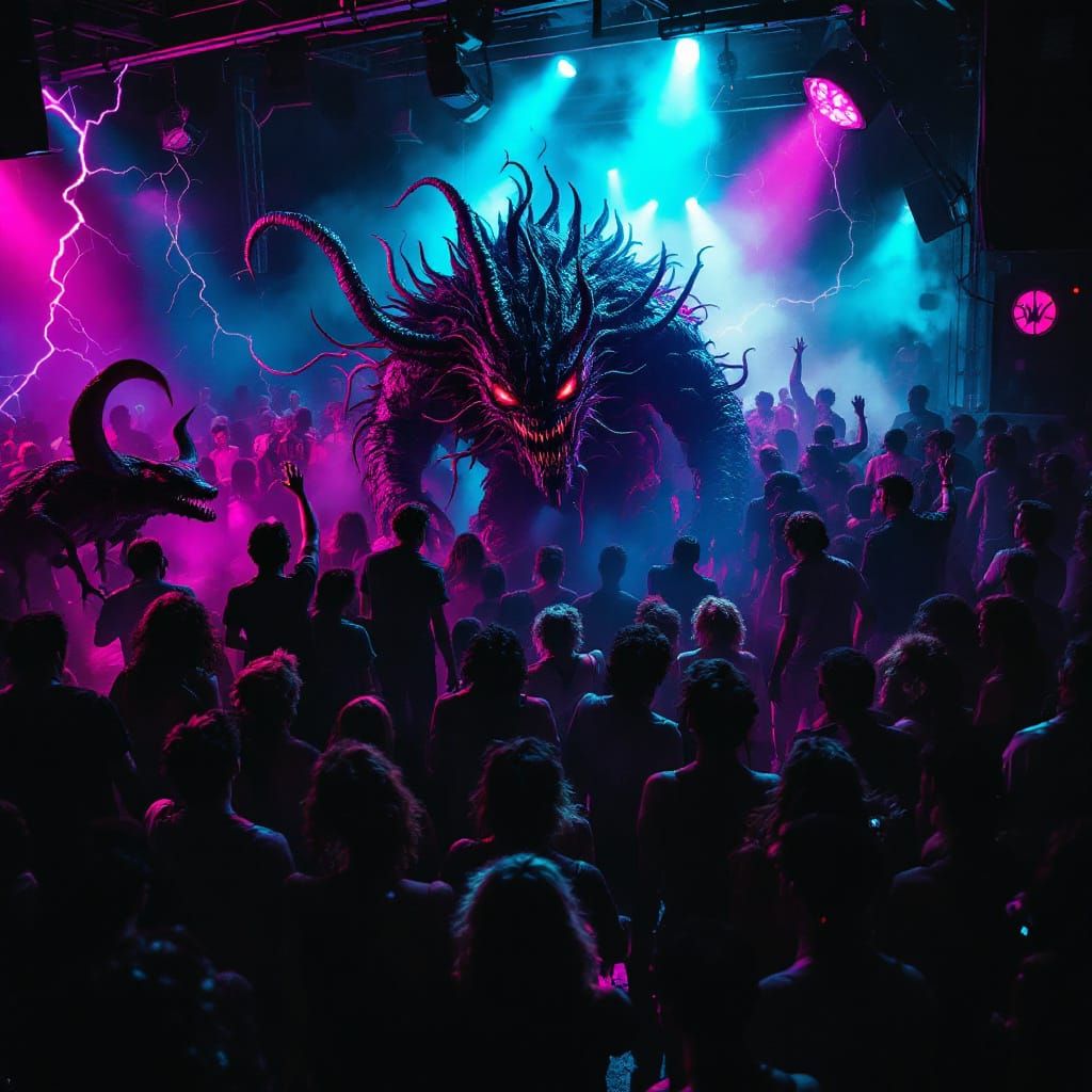 A stranger things rave with Demogorgon, Demobats, and Demodogs in the crowd

