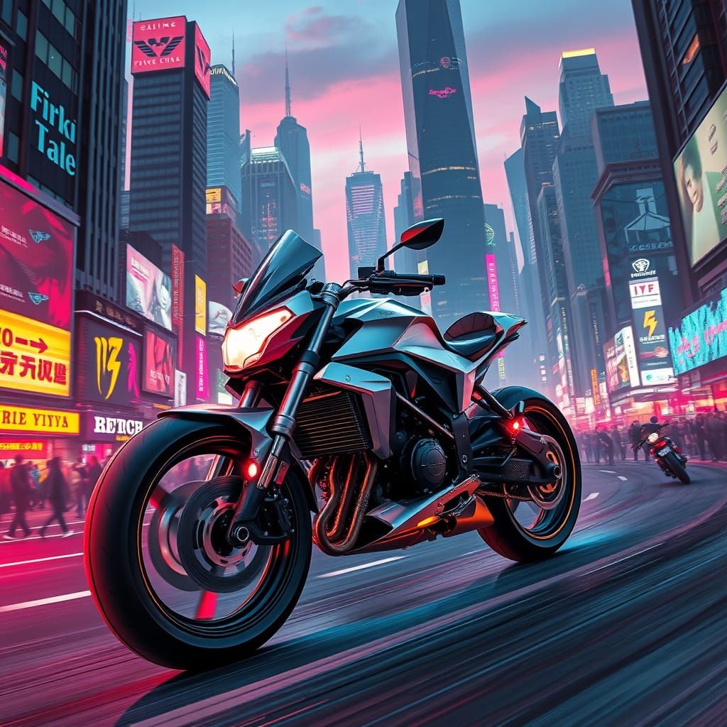 Cyberpunk Motorcycle Speeds Through Neon Cityscape in Metall...