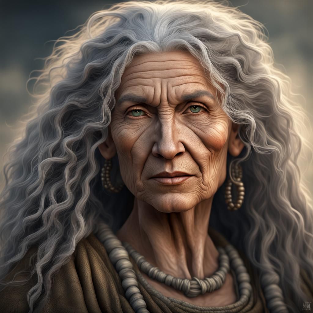 neolithic woman, about 80 years old, with long curly grey hair, her ...