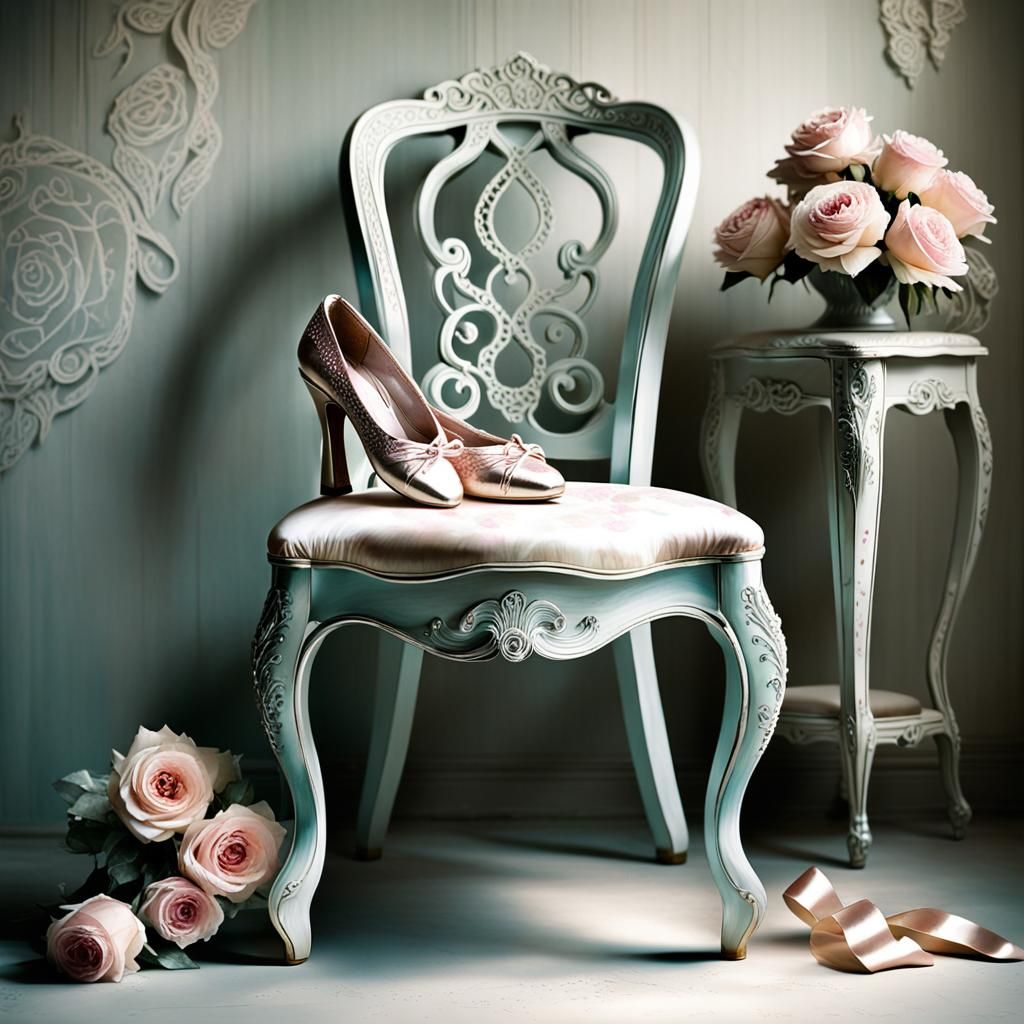 (mother-of-pearl pointe shoes hang on a twisted sarin chair)...