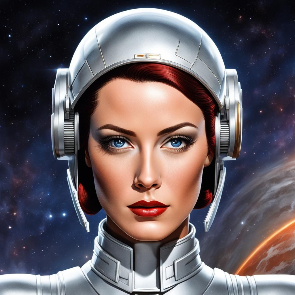 Realistic photo of a space opera princess, buck rogers, flas...