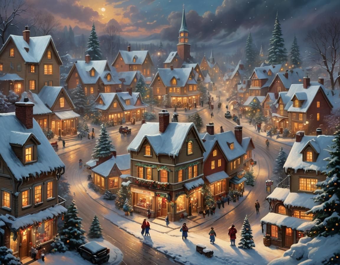 Winter 19 century English village night  , Christmas town, snow, Christmas Carol,  dark and Light, Thomas Kinkade style