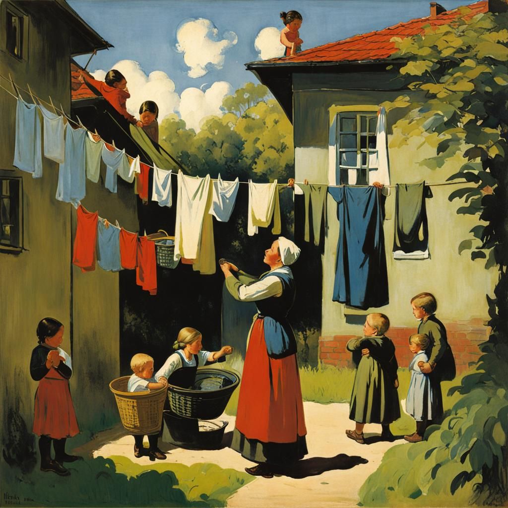 the mother hangs up laundry in the backyard, the children pl...