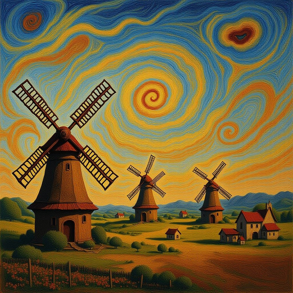 Expressionist Windmill Village with Fractal Patterns