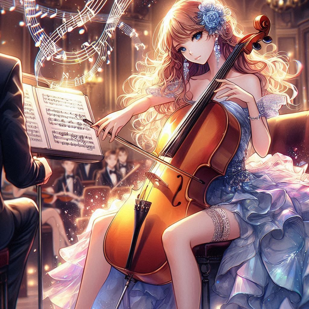 A gorgeous lady is playing a magically glowing cello - DALL-...