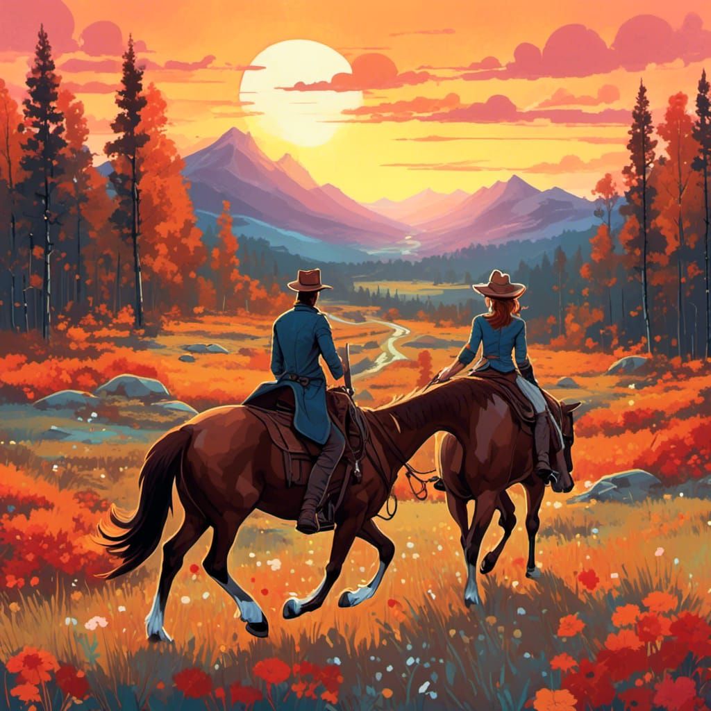 <lora:Screen Print:1.0> They rode off into the sunset and lived happily ever after