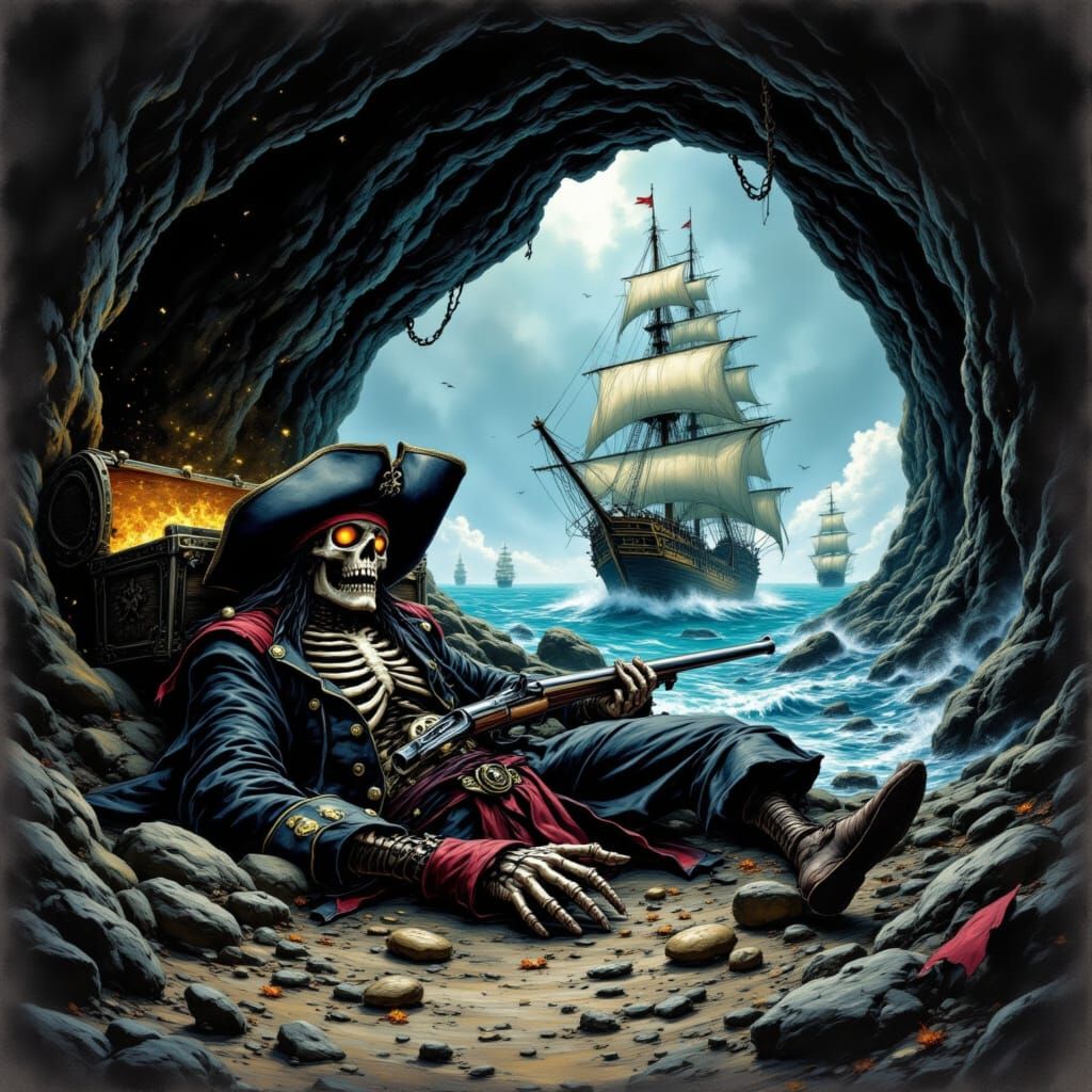 <lora:Davy Jones Locker:1.0> A grainy, high-impact graphic illustration featuring a Pirate skeleton Captain lying against his treasure chest...