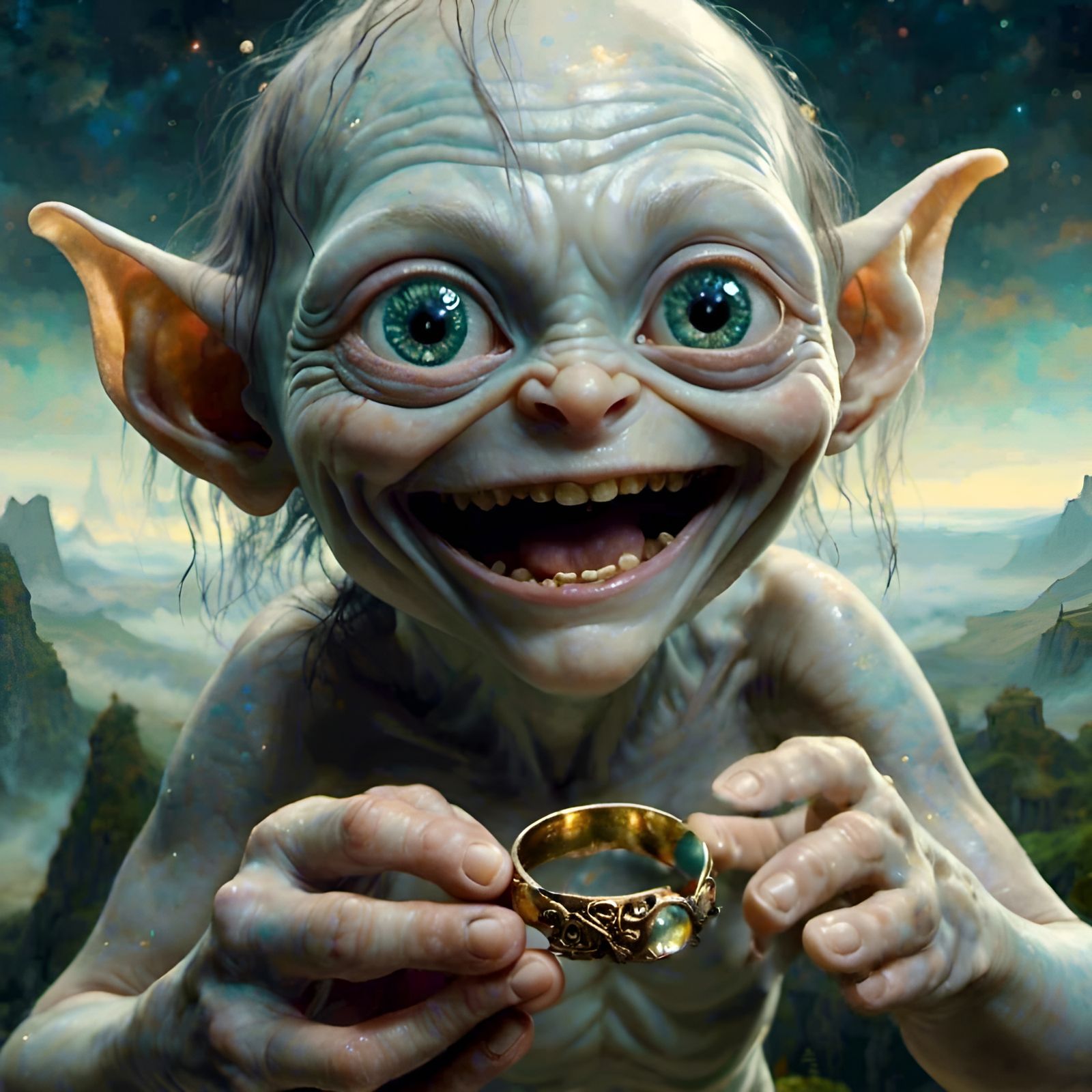 happy Gollum holding the ring <lora:hyperkraximalism:1.0>