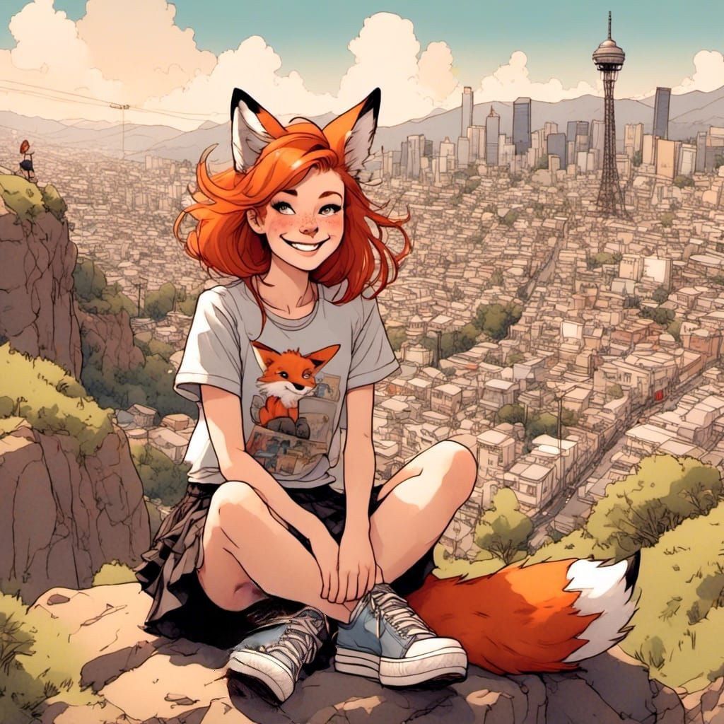 Adorable Fox-girl VIXEN, sitting cross legged,  with city hi...